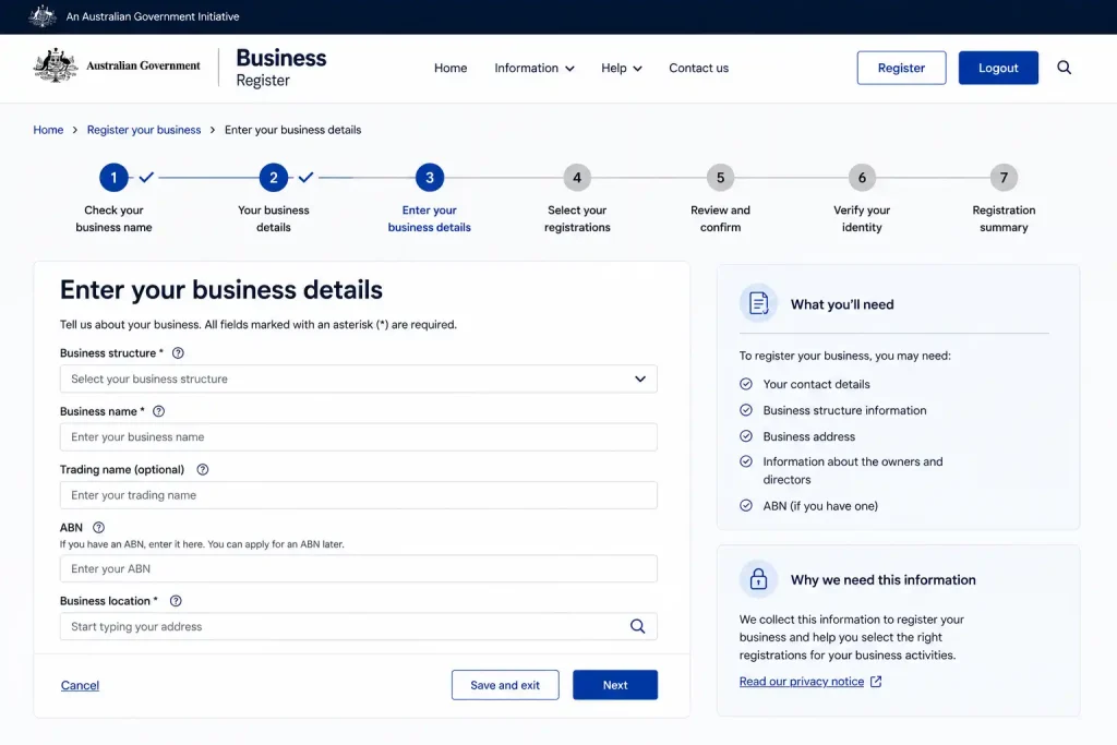 Enter your business details on the Australian Business Registration Service