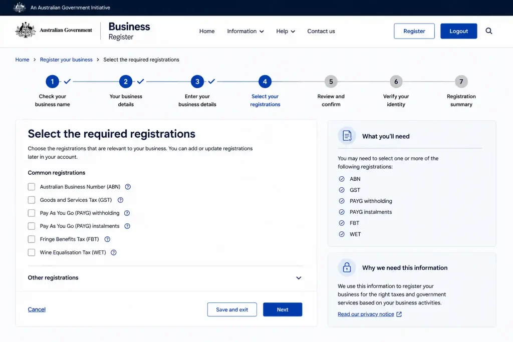 Australian Business Registration Portal showing the Select the Required Registrations step with ABN, GST, PAYG, FBT, and WET registration options.