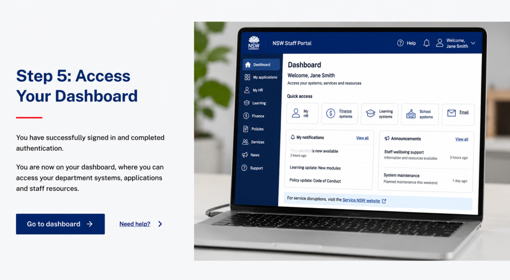 NSW Staff Portal dashboard displaying staff applications, notifications, resources, and Department of Education services.