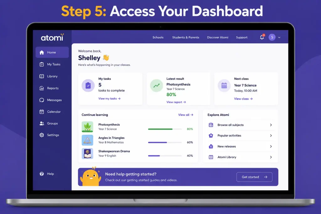 Step 5 showing how to access the Atomi student dashboard