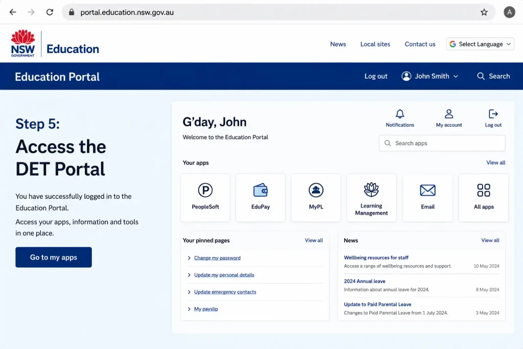 DET Portal Step 5 access screen showing the NSW Education Portal dashboard and apps