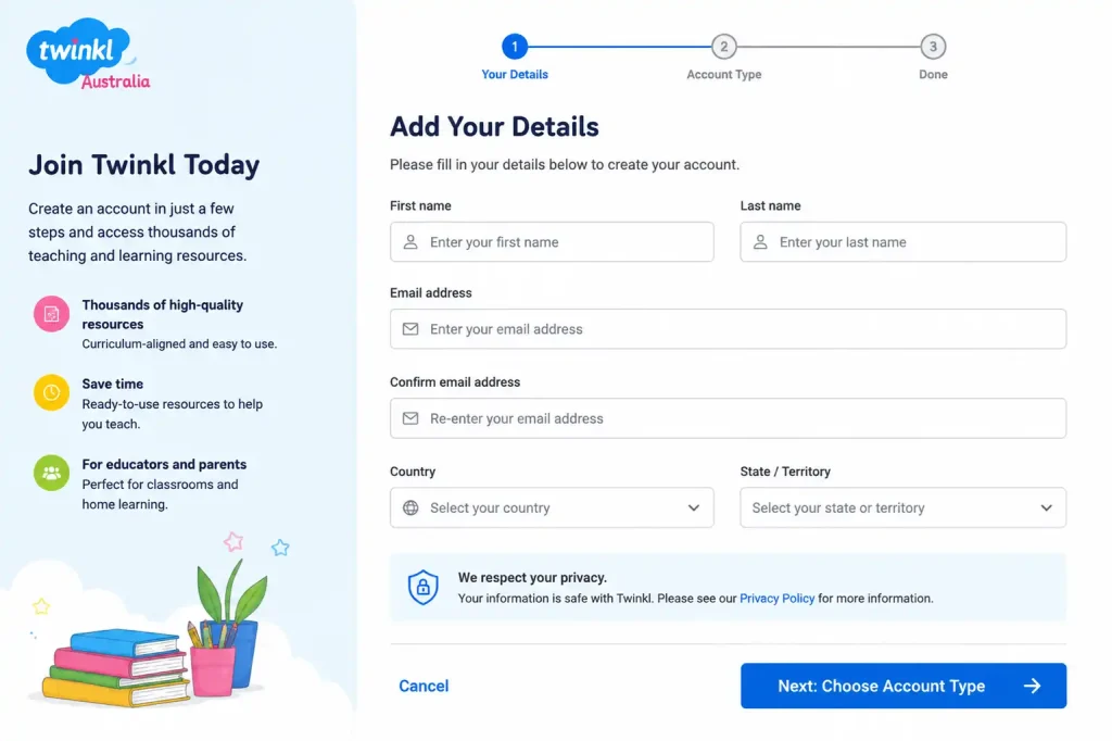 Twinkl Australia Add Your Details account registration form
