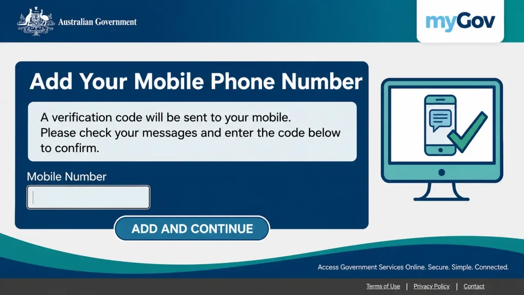 myGov Australia Add Your Mobile Phone Number page with Add and Continue button