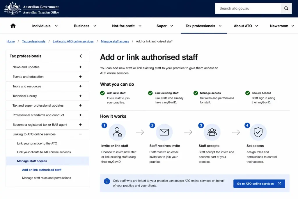 Alt Text:
Screenshot of the Australian Taxation Office (ATO) online services page showing how to add or link authorised staff, manage staff access, assign permissions, and connect employees using myGovID.