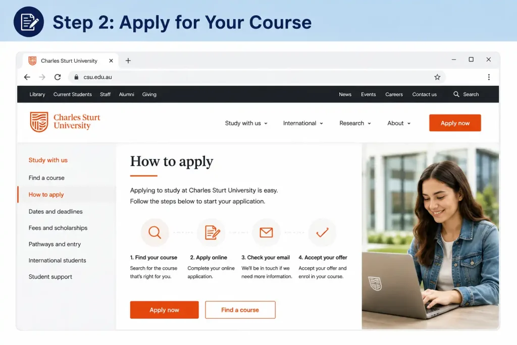 Student applying for a university course through the official Charles Sturt University online application portal.