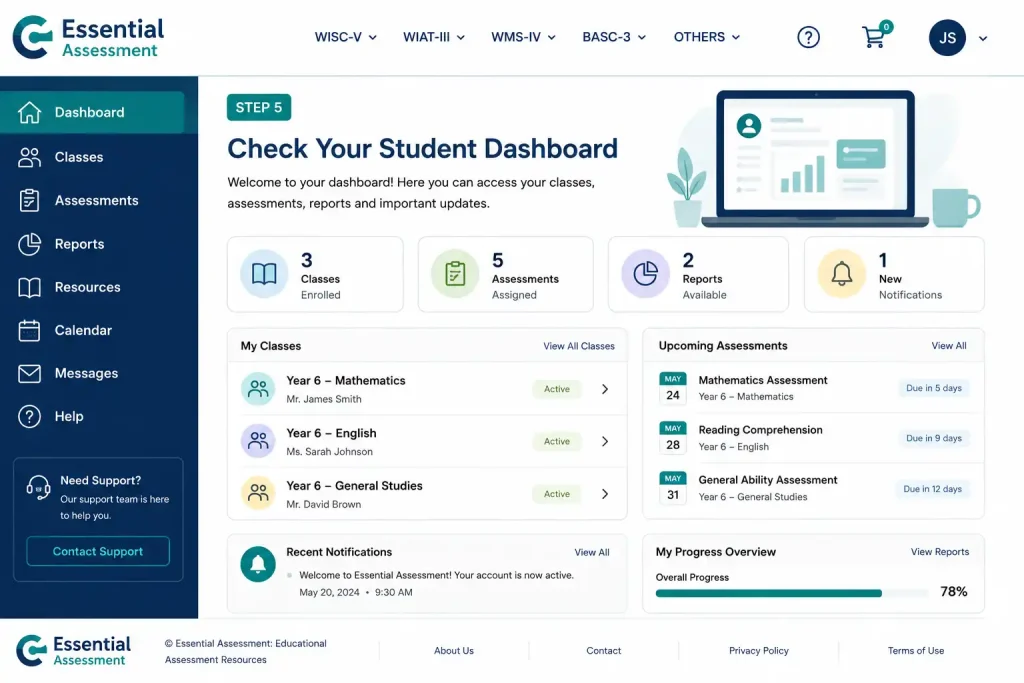 Essential Assessment student dashboard displaying classes, assessments, reports, notifications, and progress tracking tools.