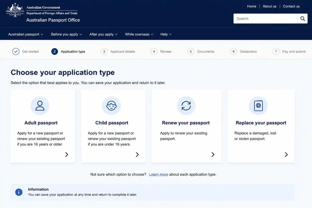 Australian Passport application portal showing options to choose an adult passport, child passport, passport renewal, or passport replacement.