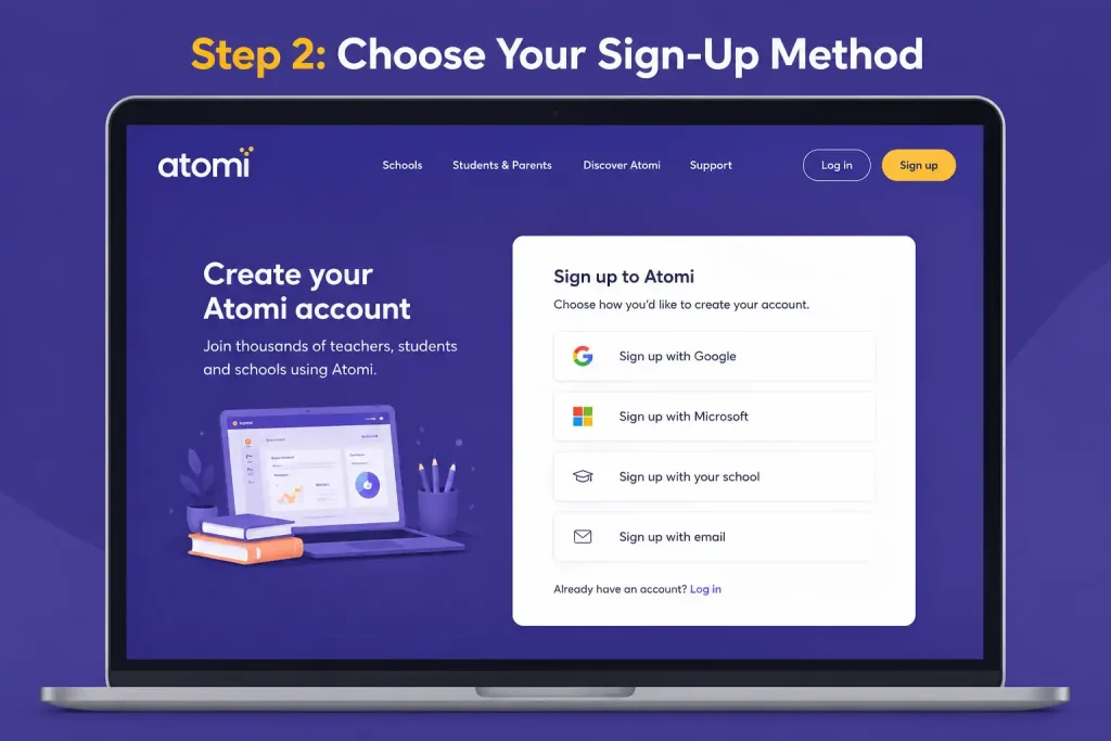 Step 2 showing how to choose a sign-up method on the Atomi platform