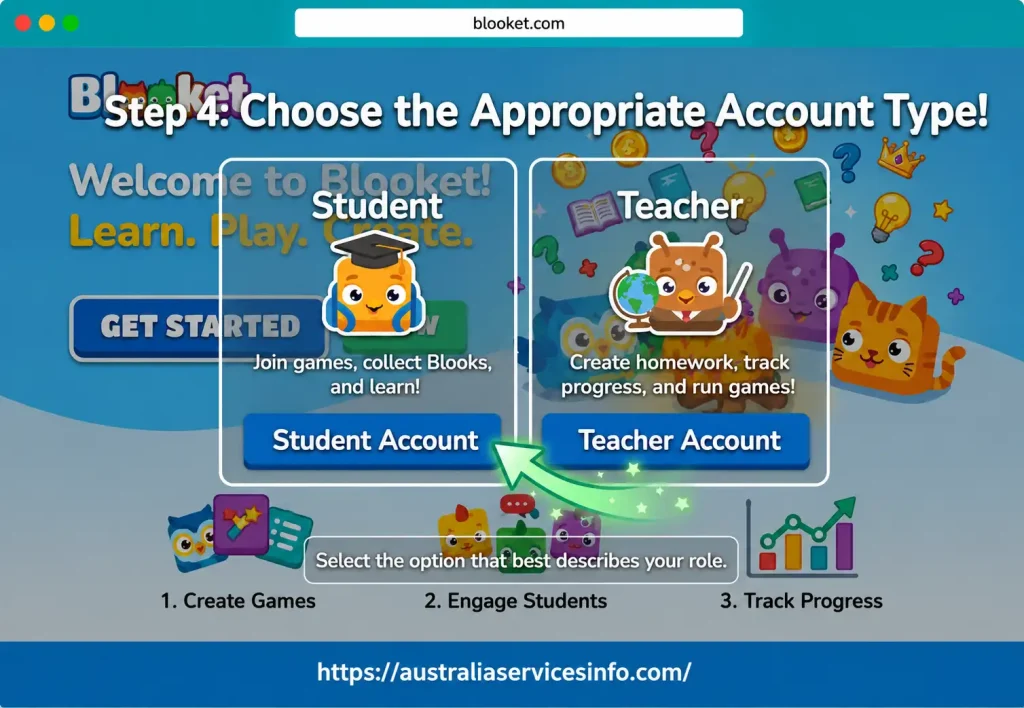 Blooket account type selection for student and teacher registration