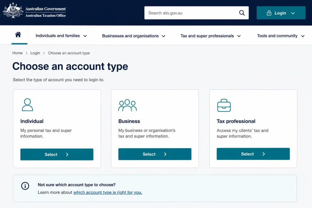ATO choose account type page showing Individual, Business and Tax Professional options