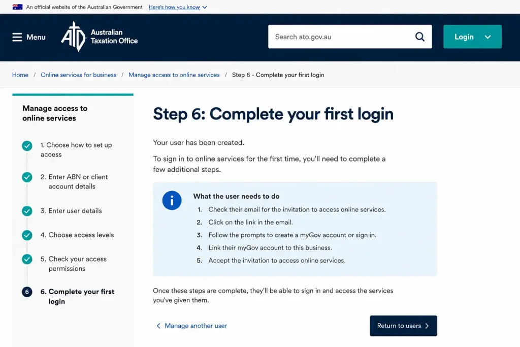 Australian Taxation Office ATO Step 6 complete your first login