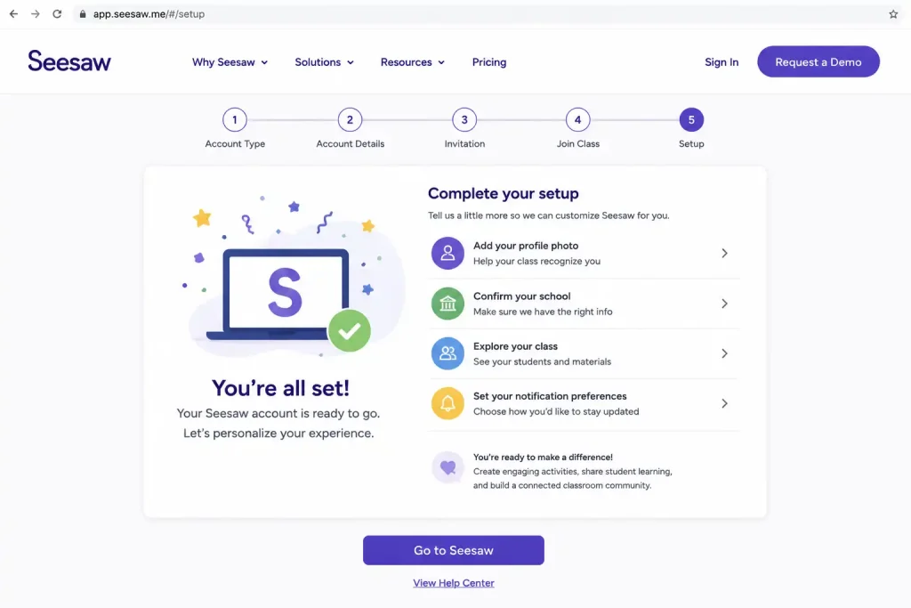 Seesaw account setup completion page showing profile setup, school confirmation, class access, and notification preferences.