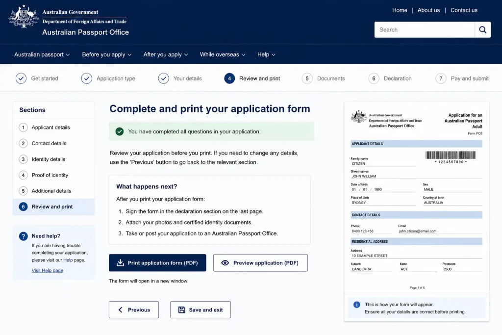 Australian Passport application portal showing completed application form ready for review, download, and printing.