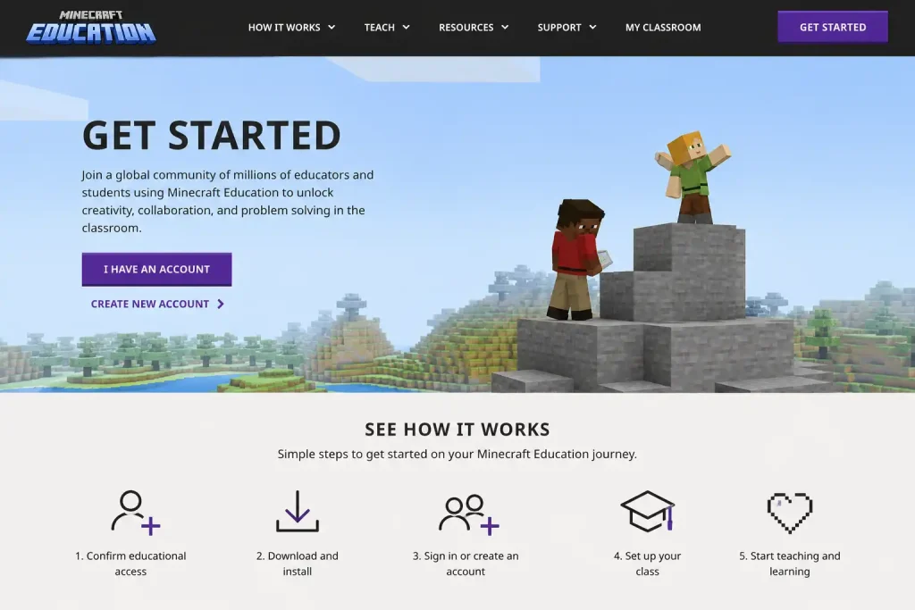 Minecraft Education official website showing the Get Started page for confirming educational access and account eligibility.