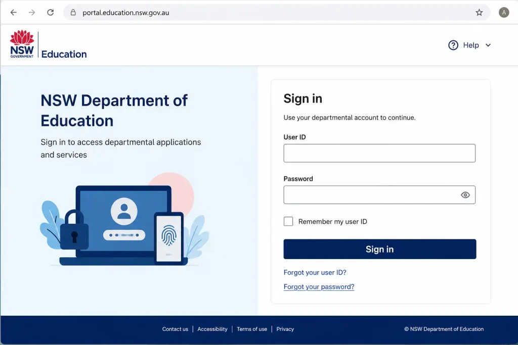 Confirm Your Department Account on the NSW Education Portal login page before accessing education services and applications.