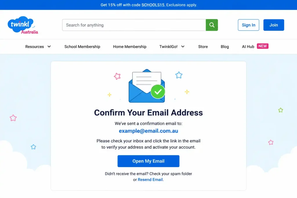 Twinkl Australia confirm your email address account verification page
