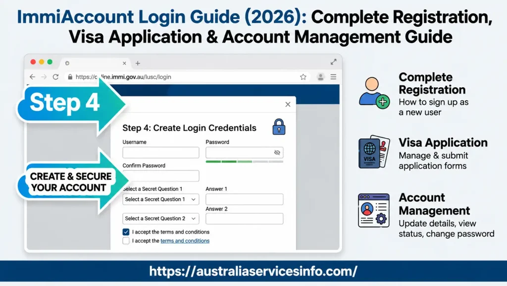 ImmiAccount Login Guide showing Step 4 where users create secure login credentials, including username, password, secret questions, and account security settings.