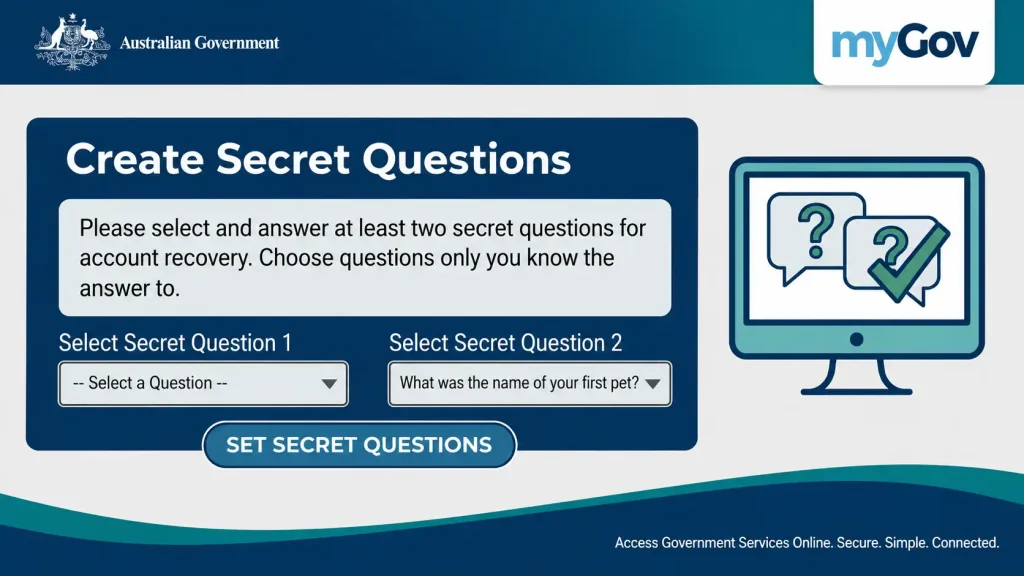 myGov Australia Create Secret Questions page for account recovery