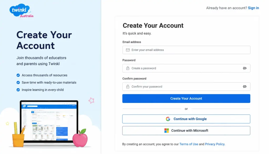 Create your Twinkl Australia account registration page