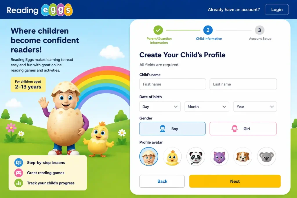 Reading Eggs child profile creation page showing child information form, date of birth fields, gender selection, and profile avatar options.