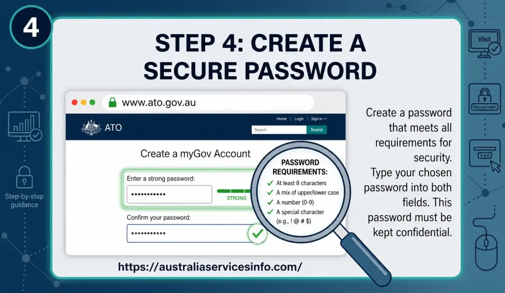 ATO Login Step 4 infographic showing how to create a secure password for a myGov account when accessing Australian Taxation Office online services.