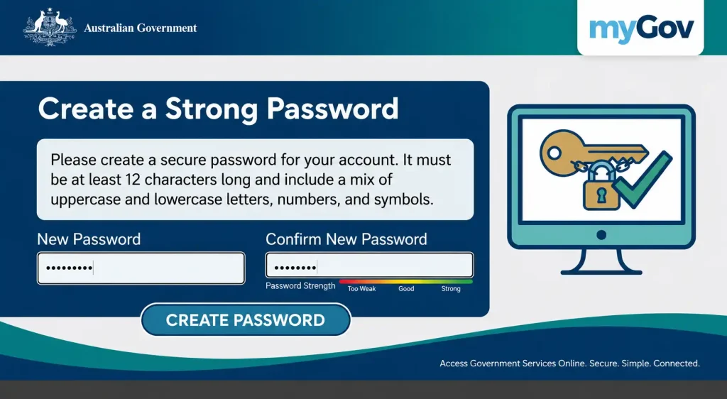 myGov Australia Create a Strong Password page with password strength indicator