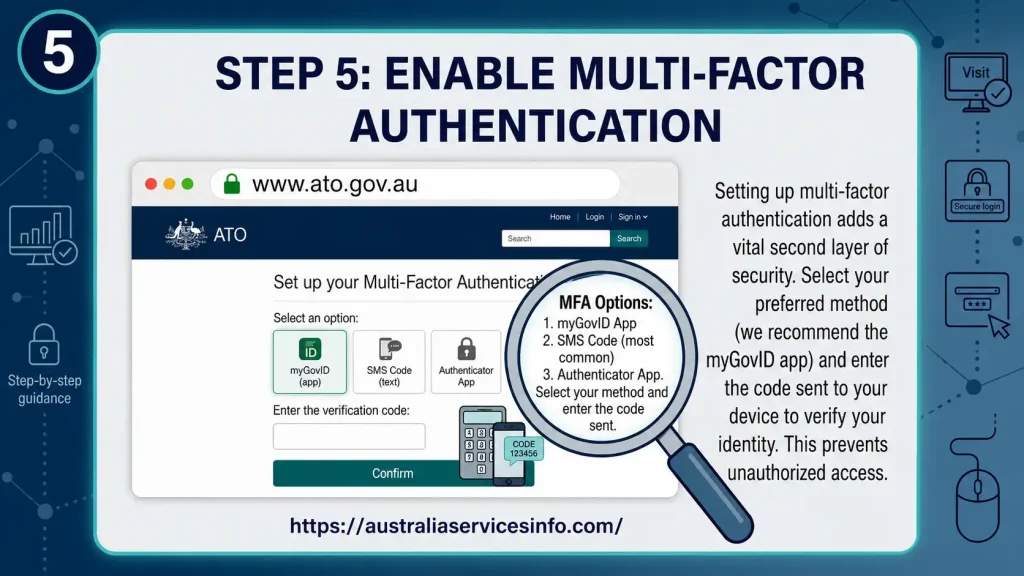 ATO Login Step 5 infographic showing how to enable multi-factor authentication (MFA) using myGovID, SMS code, or an authenticator app for secure ATO account access.