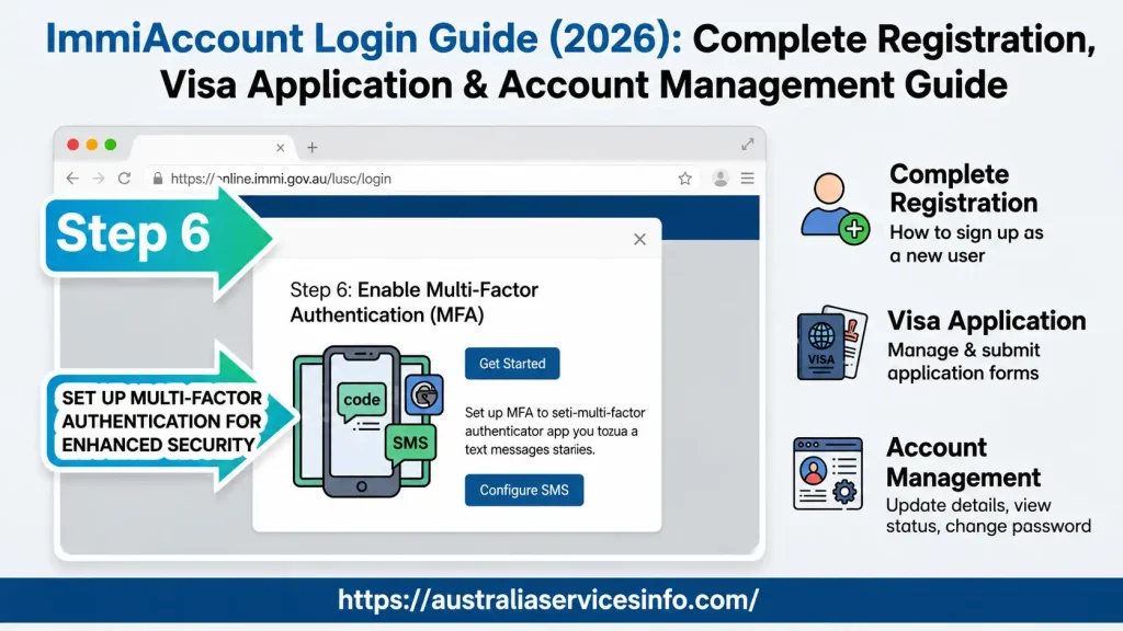 ImmiAccount Login Guide showing Step 6 where users enable Multi-Factor Authentication (MFA) using an authenticator app or SMS for enhanced account security.