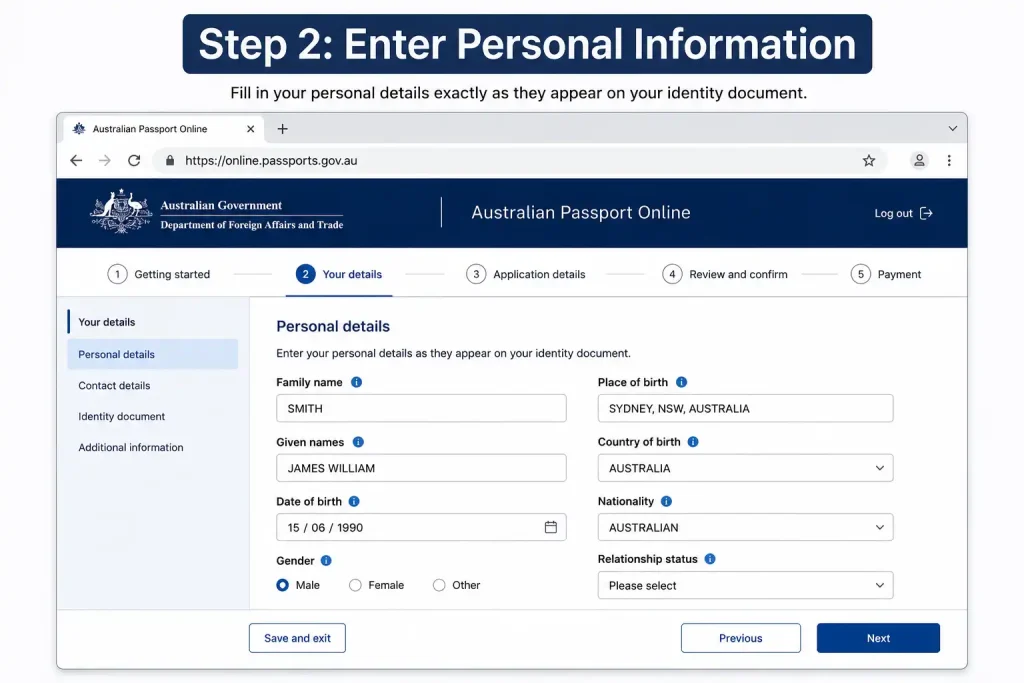 Step 2 Enter Personal Information in the Australian Passport Online portal by providing personal and identity details.