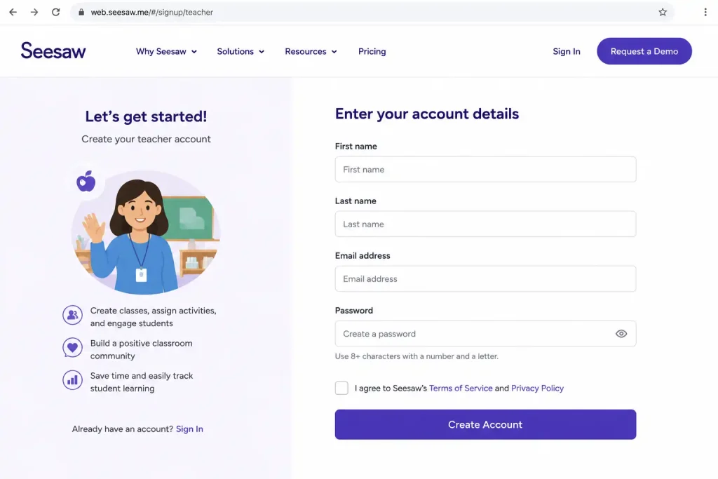 Seesaw account registration form showing fields for name, email address, and password creation.
