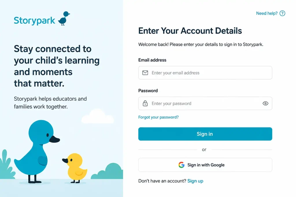 Enter your Storypark account details to sign in with email and password
