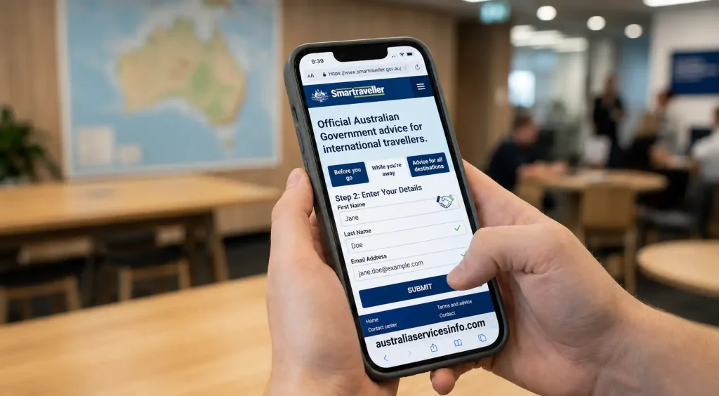 Smartraveller travel advice website showing traveller details form on smartphone