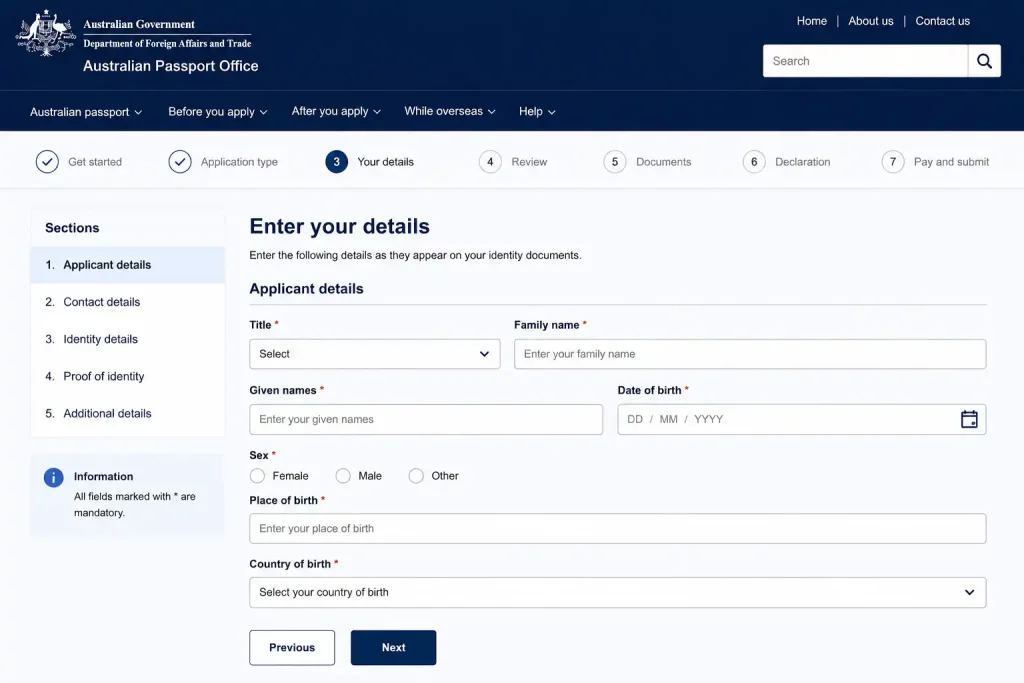 Australian Passport online application form showing applicant details section for entering personal information and contact details.