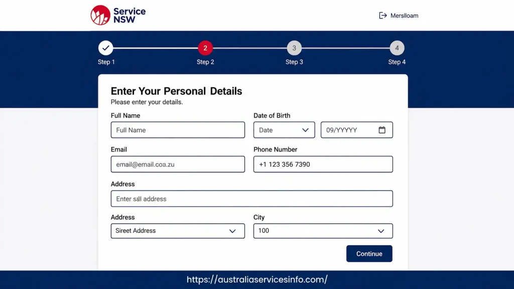 Service NSW Step 2 registration page showing the personal details form with fields for full name, date of birth, email, phone number, and address.