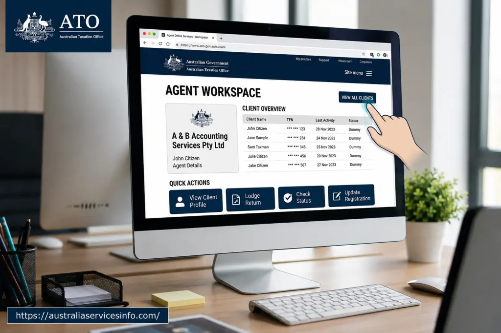 Tax Agent Portal agent workspace showing client management and ATO online services