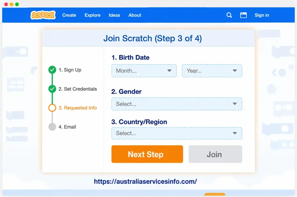 Scratch registration Step 3 birth date gender and country