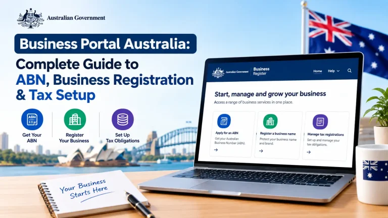Business Portal Australia guide banner featuring Australian Government Business Register, ABN registration, business registration, and tax setup services.