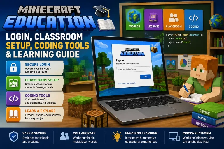 Minecraft Education login, classroom setup, coding tools and learning guide