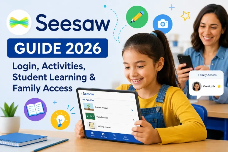 Seesaw Guide showing login, student activities, learning tools and family access