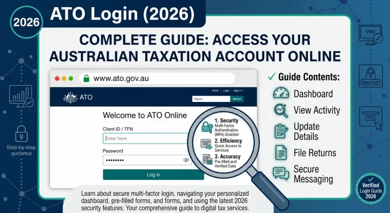 ATO Login guide showing how to access an Australian Taxation Office online account, manage tax returns, update details, view activity, and use secure messaging.