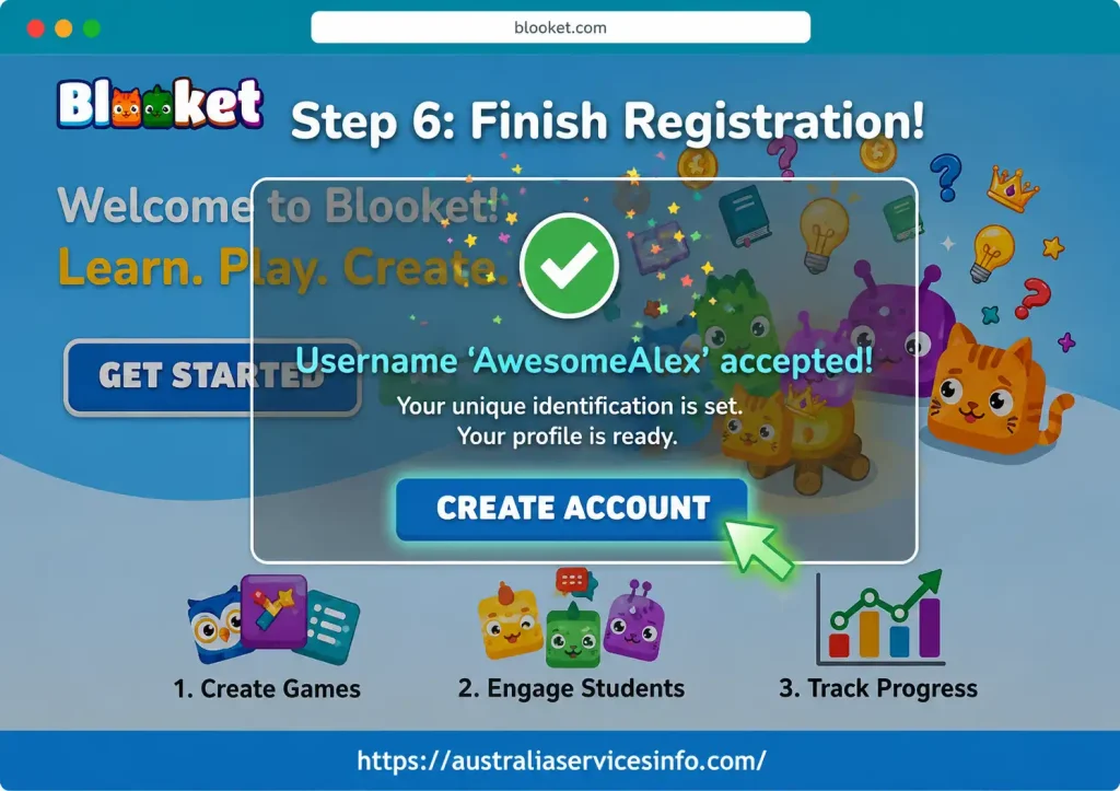 Blooket finish registration screen confirming account creation