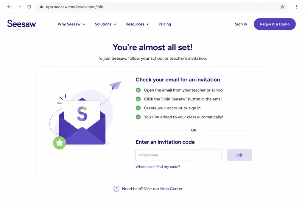 Seesaw invitation page showing instructions to join a class using a school or teacher invitation email or code.