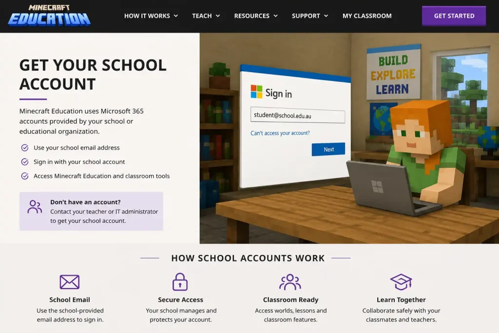 Student signing in with a school Microsoft Education account to access Minecraft Education classroom tools and learning resources.