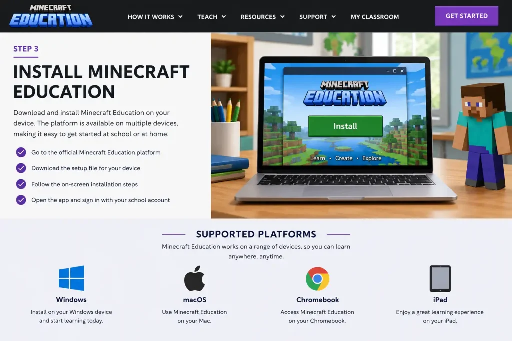 Student installing Minecraft Education on a laptop with supported device options including Windows, macOS, Chromebook, and iPad.