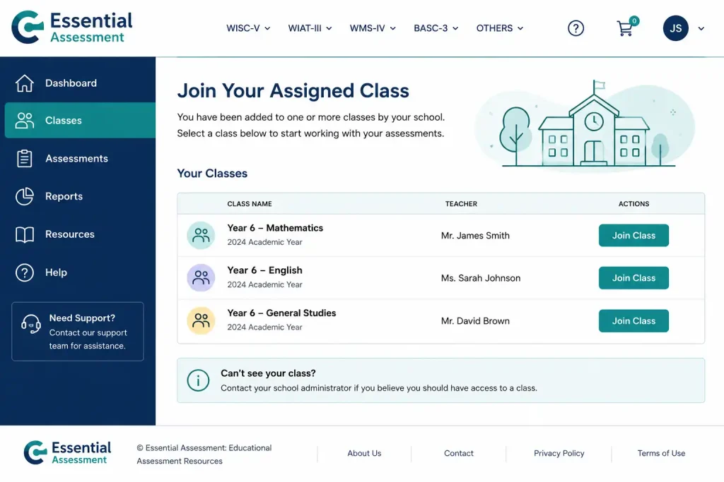 Essential Assessment dashboard displaying assigned classes and join class options for students and teachers.