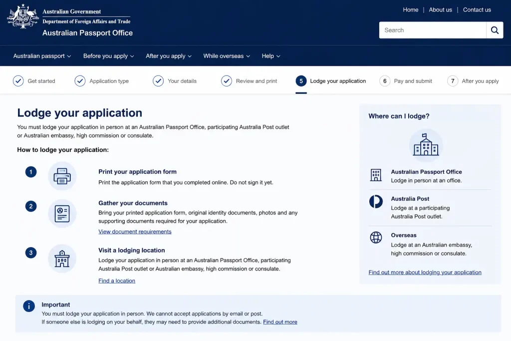 Applicant submitting an Australian passport application form at an Australian Passport Office service counter.