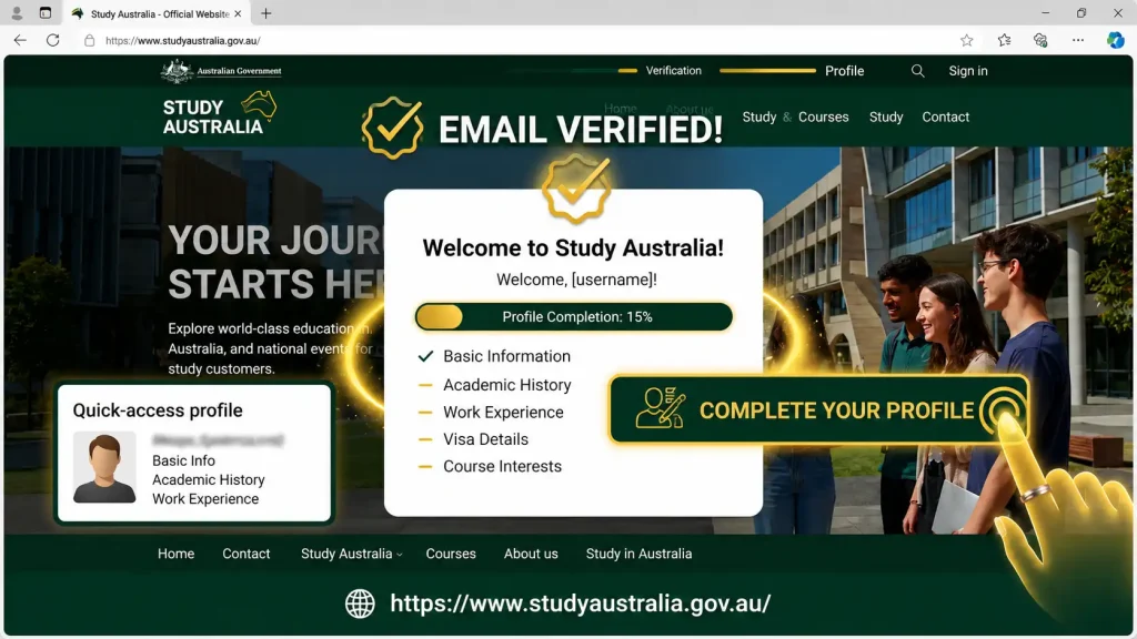 Study Australia email verified profile completion 
