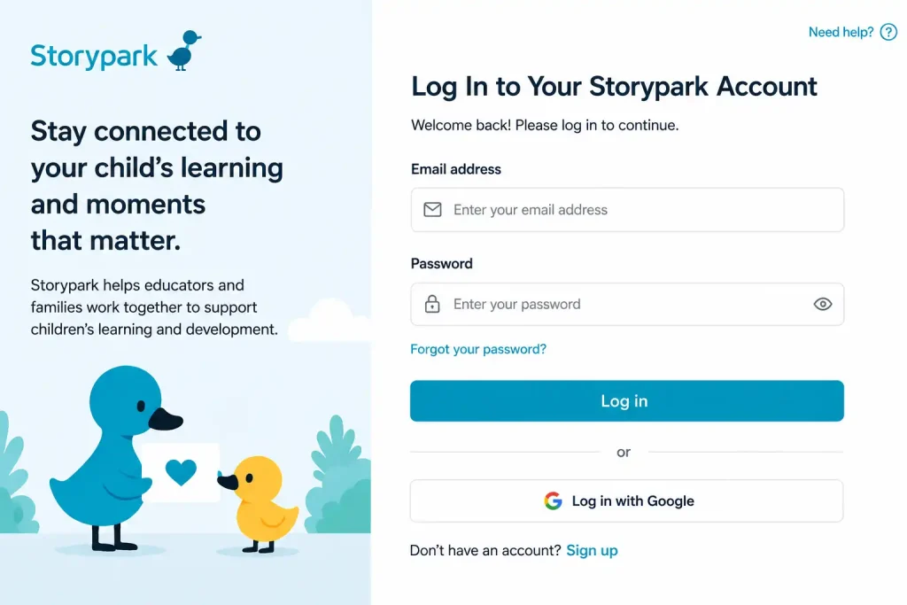 Log in to your Storypark account using your email and password