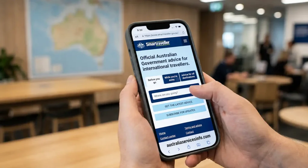 Smartraveller Australian Government travel advice website on smartphone