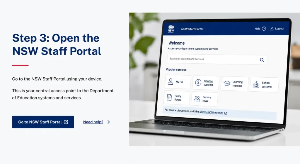NSW Staff Portal login page showing secure access to Department of Education employee systems and services.